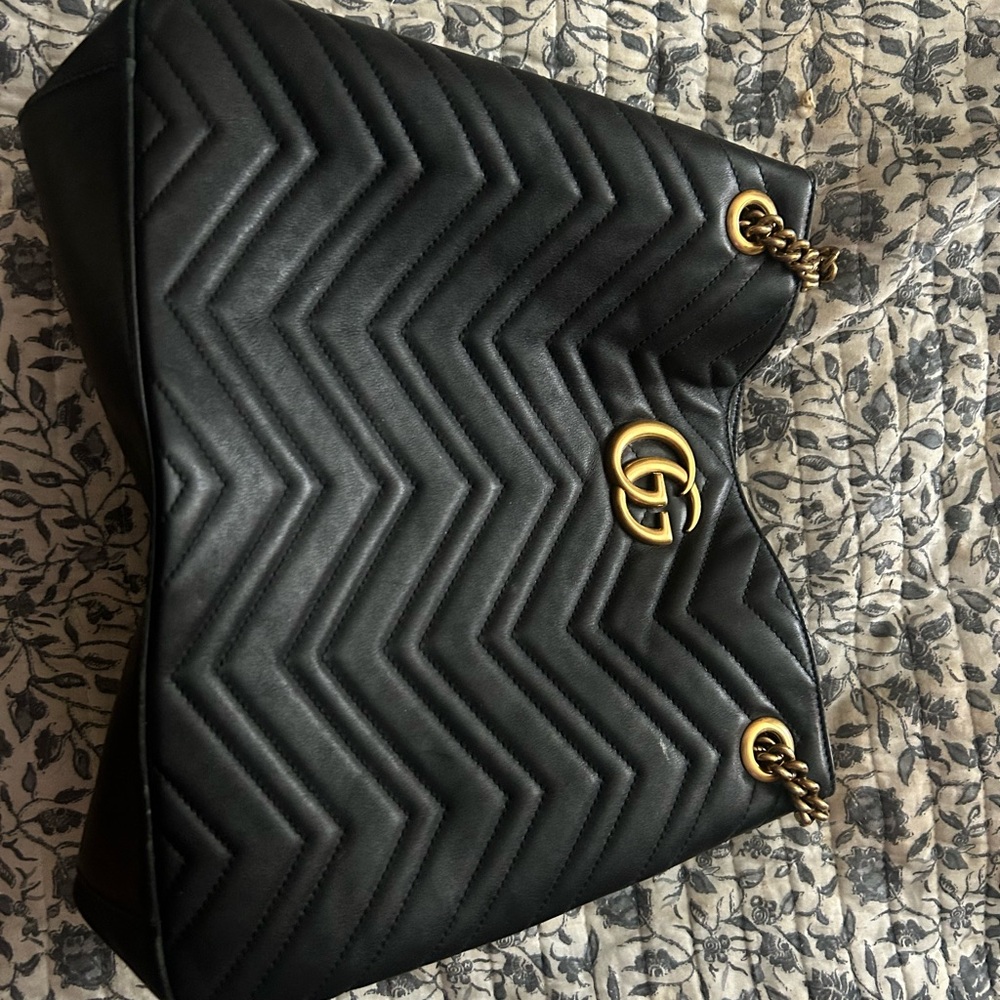 Gucci Black Chevron Shoulder Bag with Gold Hardware